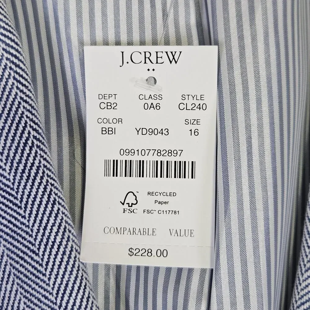 J.Crew Herringbone Blazer Women 16 Cotton Linen Blue White Preppy Academia CL240